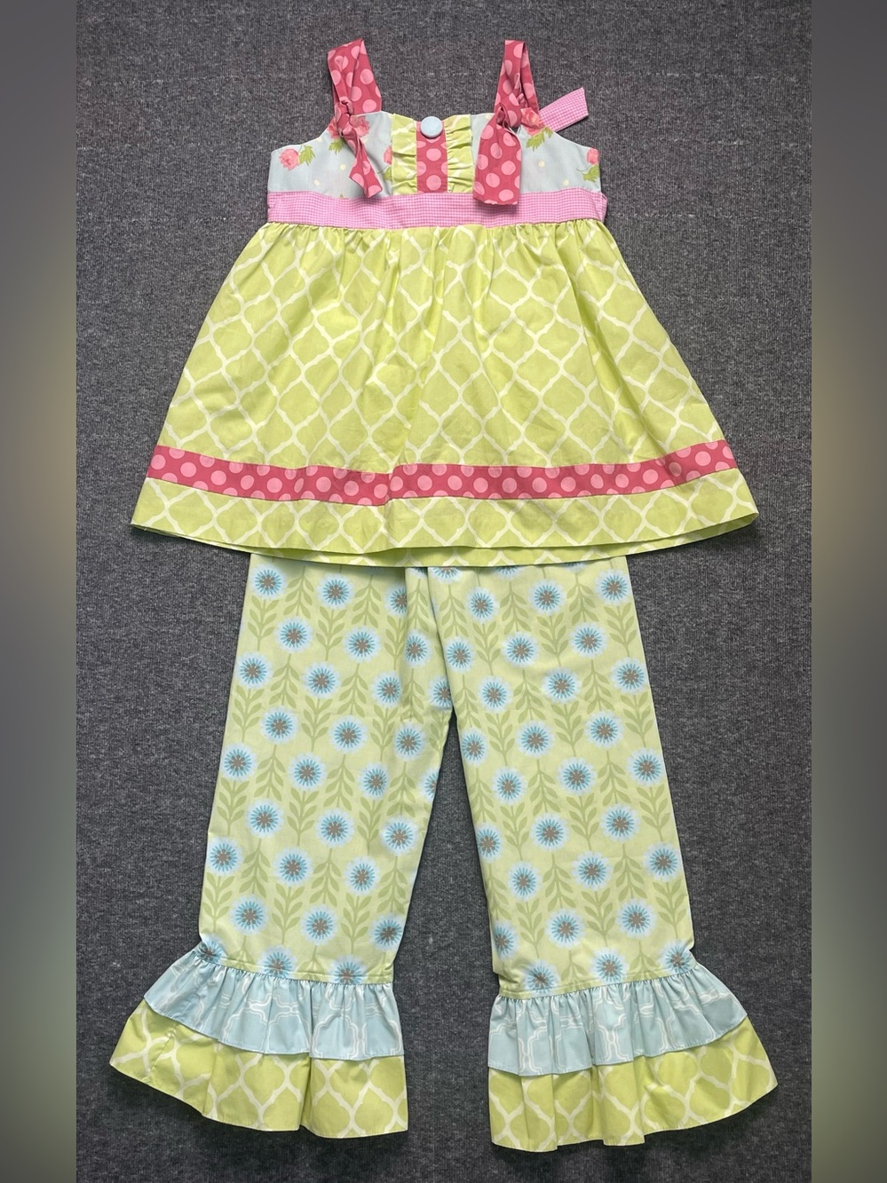 Serendipity by Shrimp & Grits Girls Ruffle Pants Tunic Mixed Print Set L 7/8